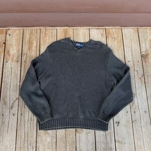 Vintage 90s Polo Ralph Lauren V-Neck Sweater Men's XXL Charcoal Grey Cotton HK